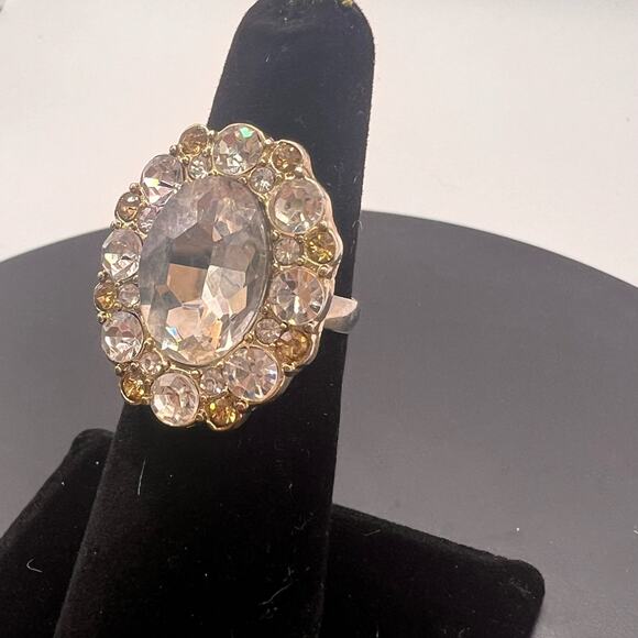 Vintage Ring 60s Huge Clear CZ Rhinestone Gold Overlay Adjustable Band - Picture 4 of 6